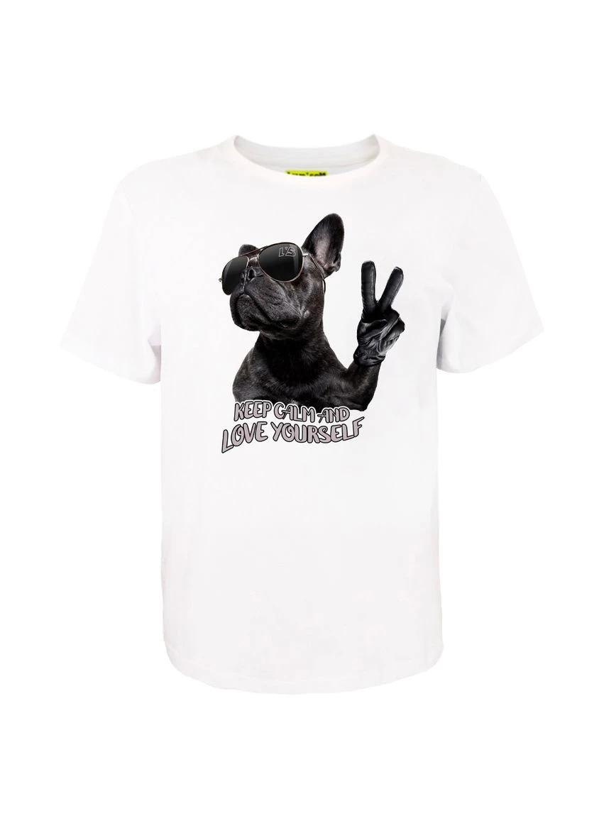 Футболка унісекс біла з коротким рукавом з принтом Bulldog Keep Calm (Кулир) 4PROFI (361259426)