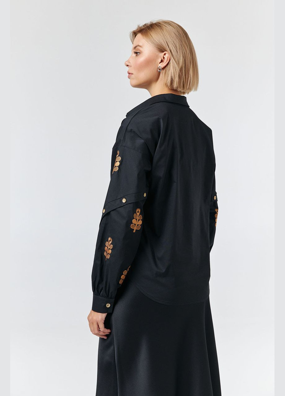 Черная демисезонная женская рубашка с широкими рукавами и вышивкой черно-бронзовая 4134-2 Modna KAZKA