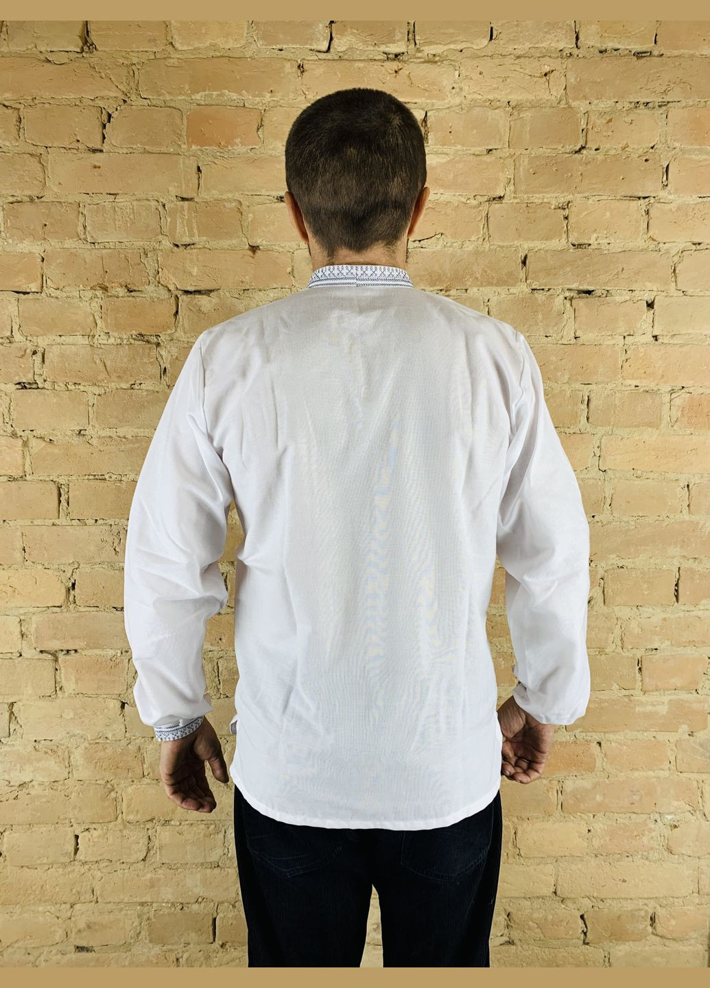 Белая мужская вышиванка гармония 2 длинный рукав НоКо свободная, прямой хлопок (303724278)