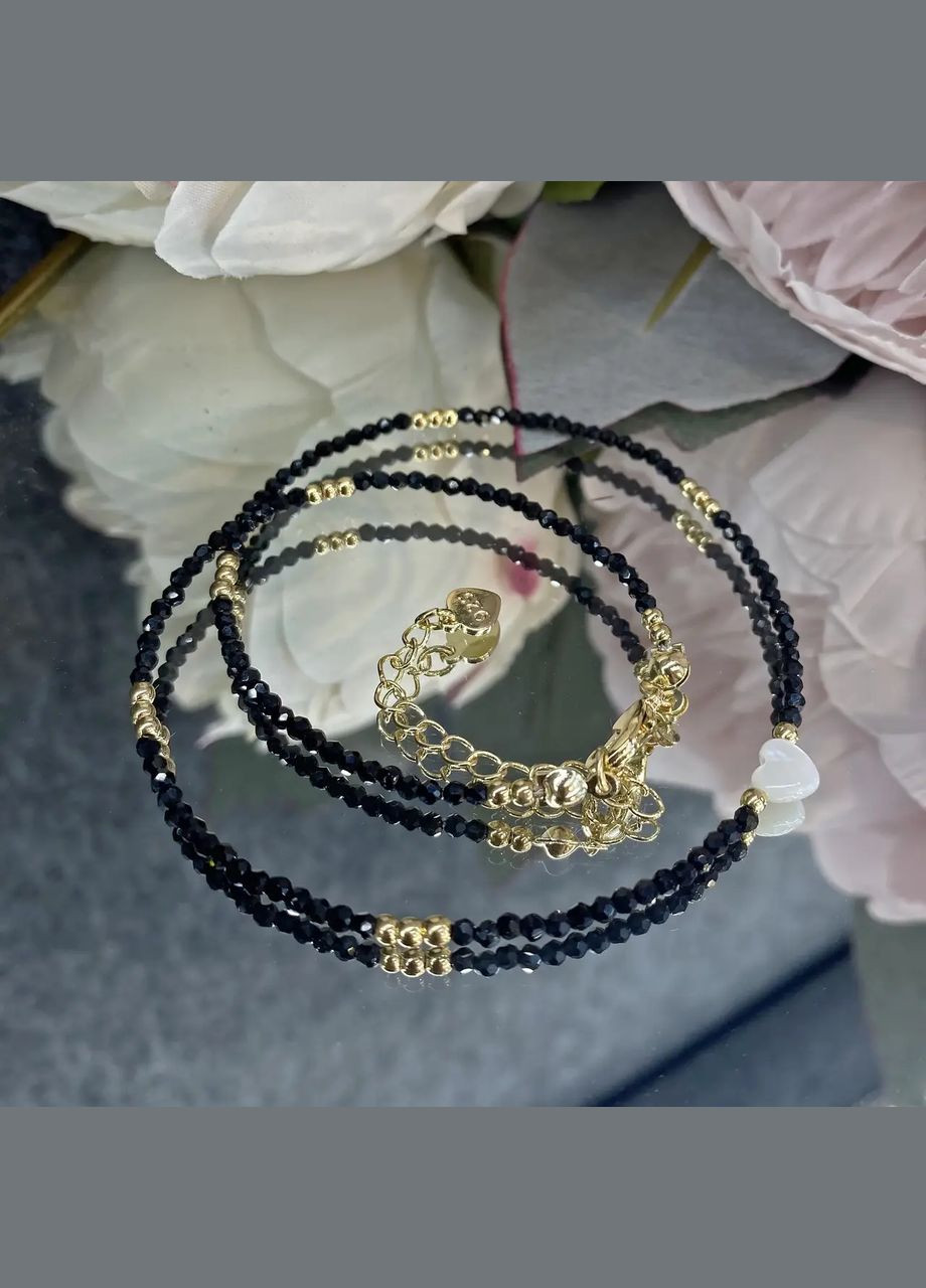 Чокер Шпінель чорна (сплав) + Серце перламутр, гіпоалергенна фурнітура колір золото d-2мм L-35-40см No Brand шпінель, перламутр латунь золото (303630103)