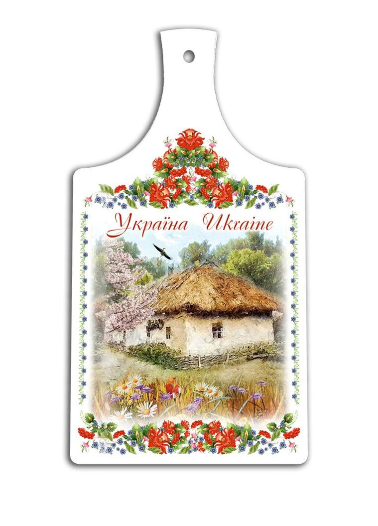 Кухонна дошка Україна "Хата з вишневим цвітом" 18*33 см (гпукд04) Гранд Презент (282841232)