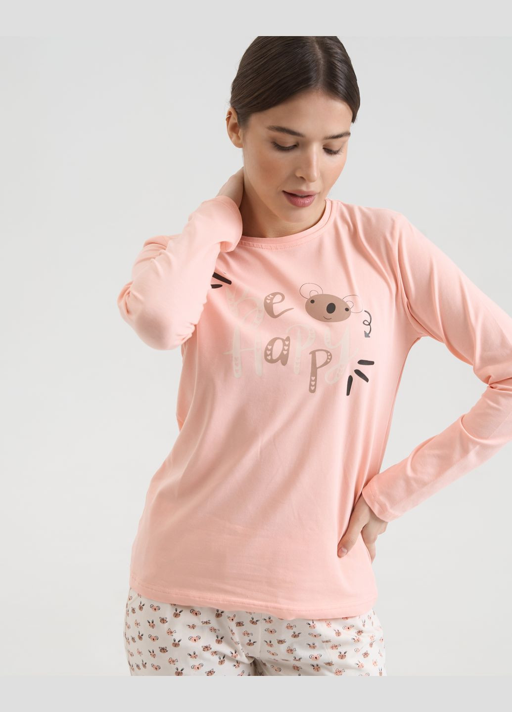 Персикова жіноча піжама зі штанами в принт Nicoletta