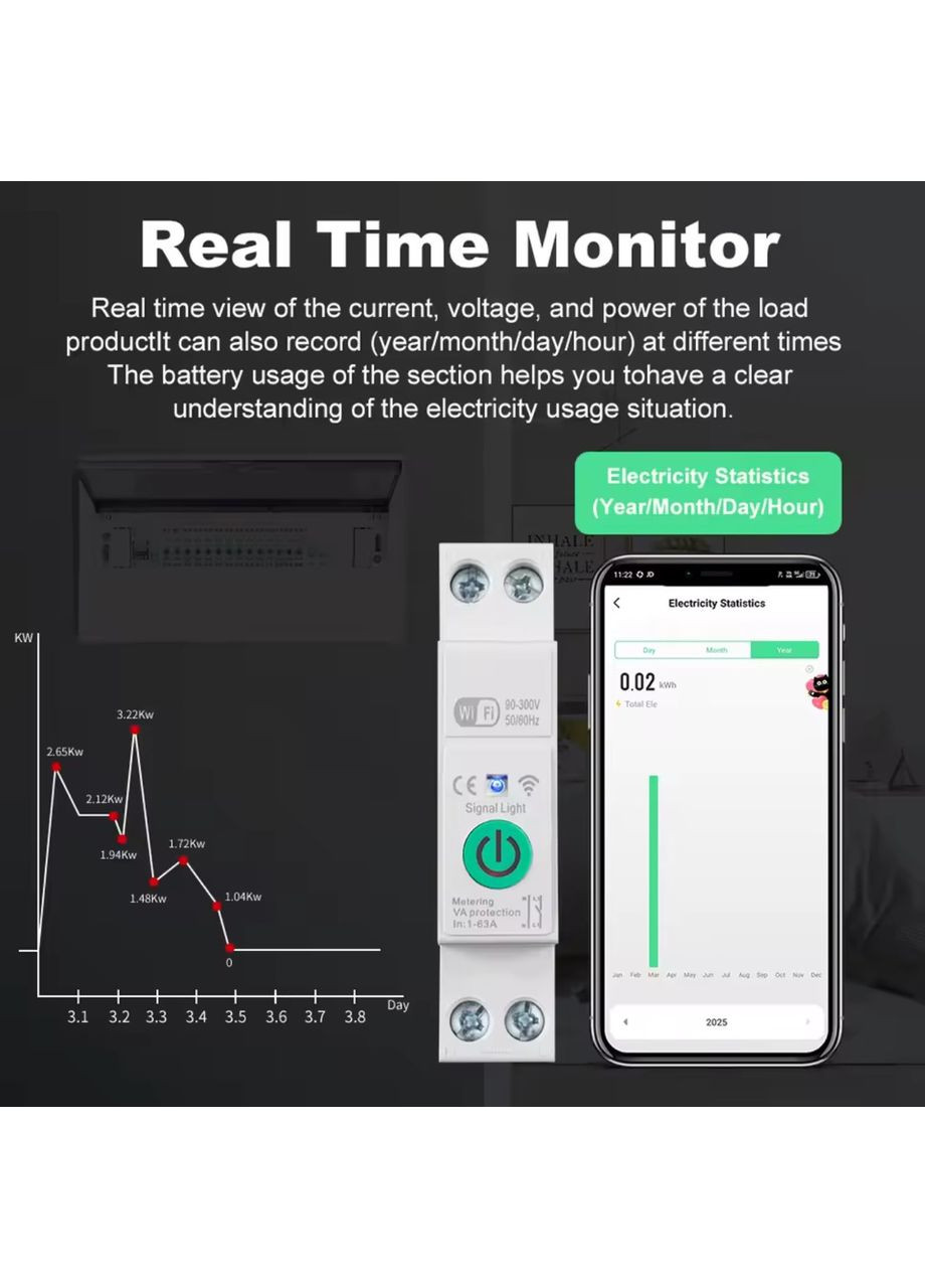 Умный автоматический выключатель Tuya WiFi Smart Защитное реле 1P 1-63А DIN с измерением мощности Защита от перенапряжения No Brand (366089350)