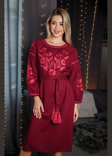 Бордовий зимній жіноча вишита сукня вікторія бордова з вишневим Galychanka 7139