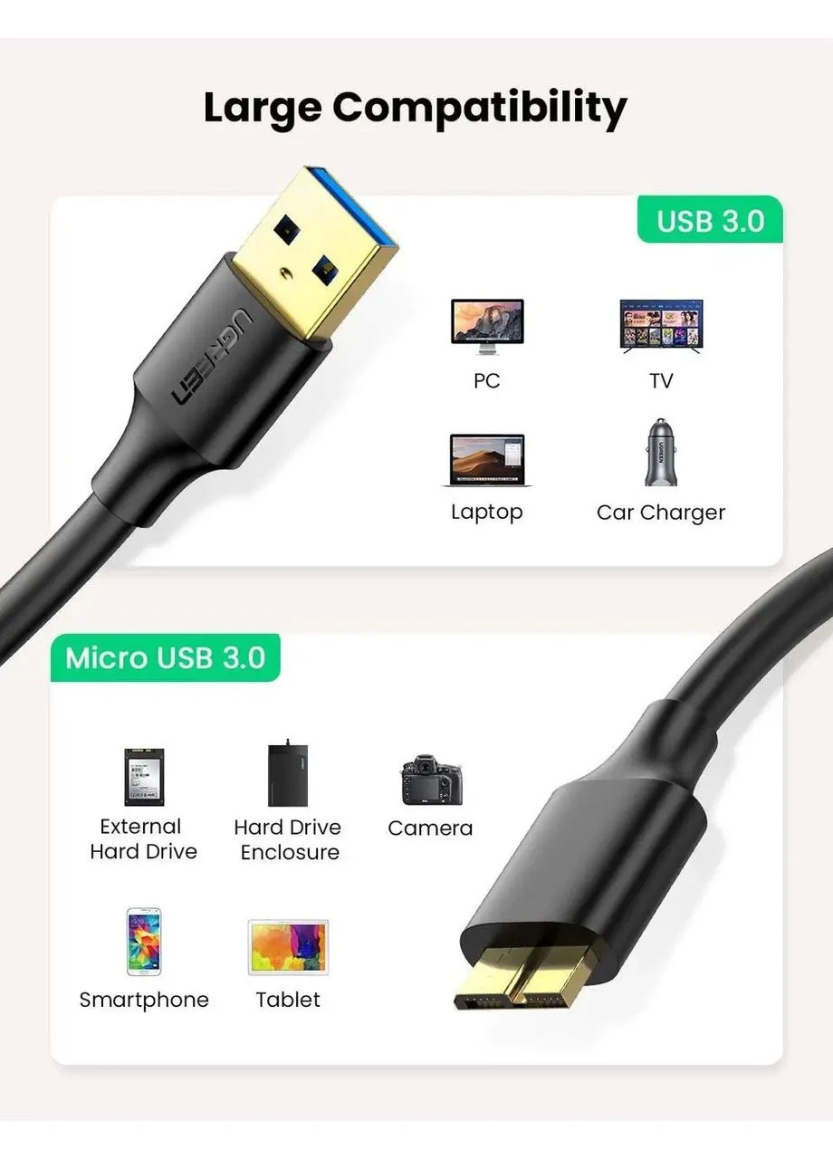 Кабель USB 3.0 A Male to Micro USB 3.0 Male Cable 2m (Black)(UGR-10843) (UGR-10843) Ugreen US130 (360549951)