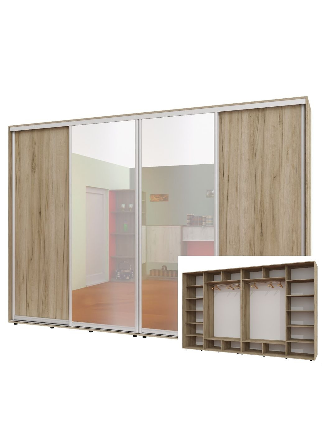 Шафа-купе чотиридверна 350*60*230 см Дуб крафт сірий 4 двері ДСП + Дзеркало + Дзеркало + ДСП ШК-02 Алекса (360474060)
