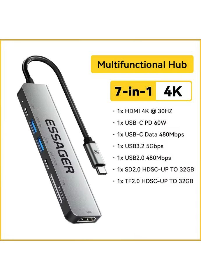 USB-хаб 7 в 1 60W (Type-C 3.1 to 4K HDMI/ SD/TF Card/ PD Fast Charge Essager (372084600)