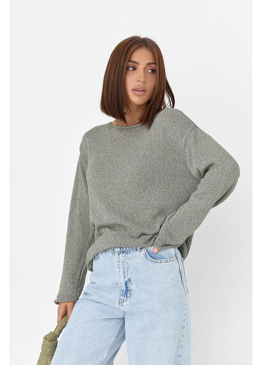 Оливковий (хакі) демісезонний в'язаний джемпер з необробленими краями - хакі колір Lurex