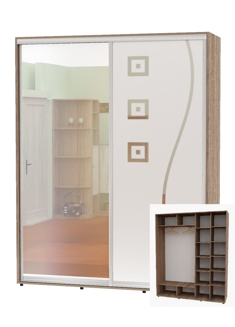 Шкаф-купе двухдверный 210*45*220 Дуб Сонома трюфель Зеркало/Зеркало с пескоструйным рисунком Алекса (360479047)
