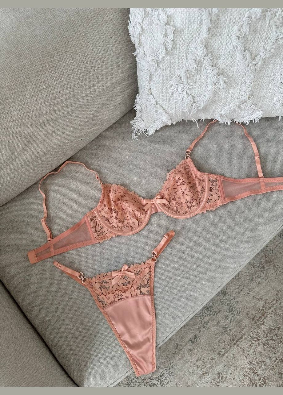 Пудровий демісезонний вишуканий мереживний комплект No Brand