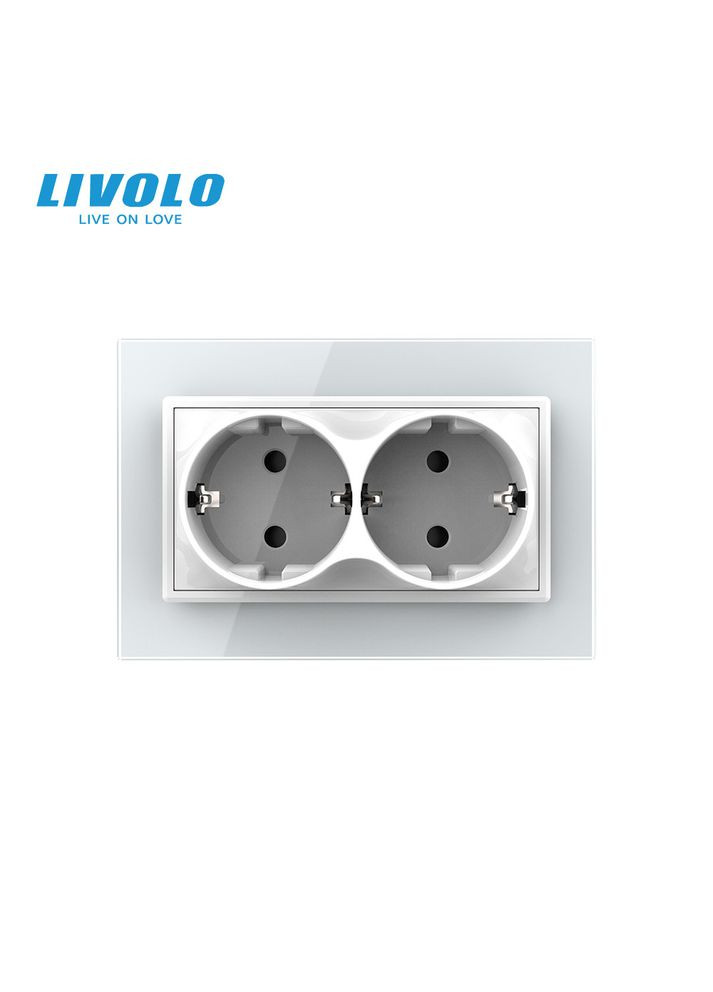 Двойная электрическая розетка в один подрозетник с заземлением, белая, стеклянная рамка, 250В 16А (VL-C7CTF16A.TF16A-WP) Livolo (370970751)