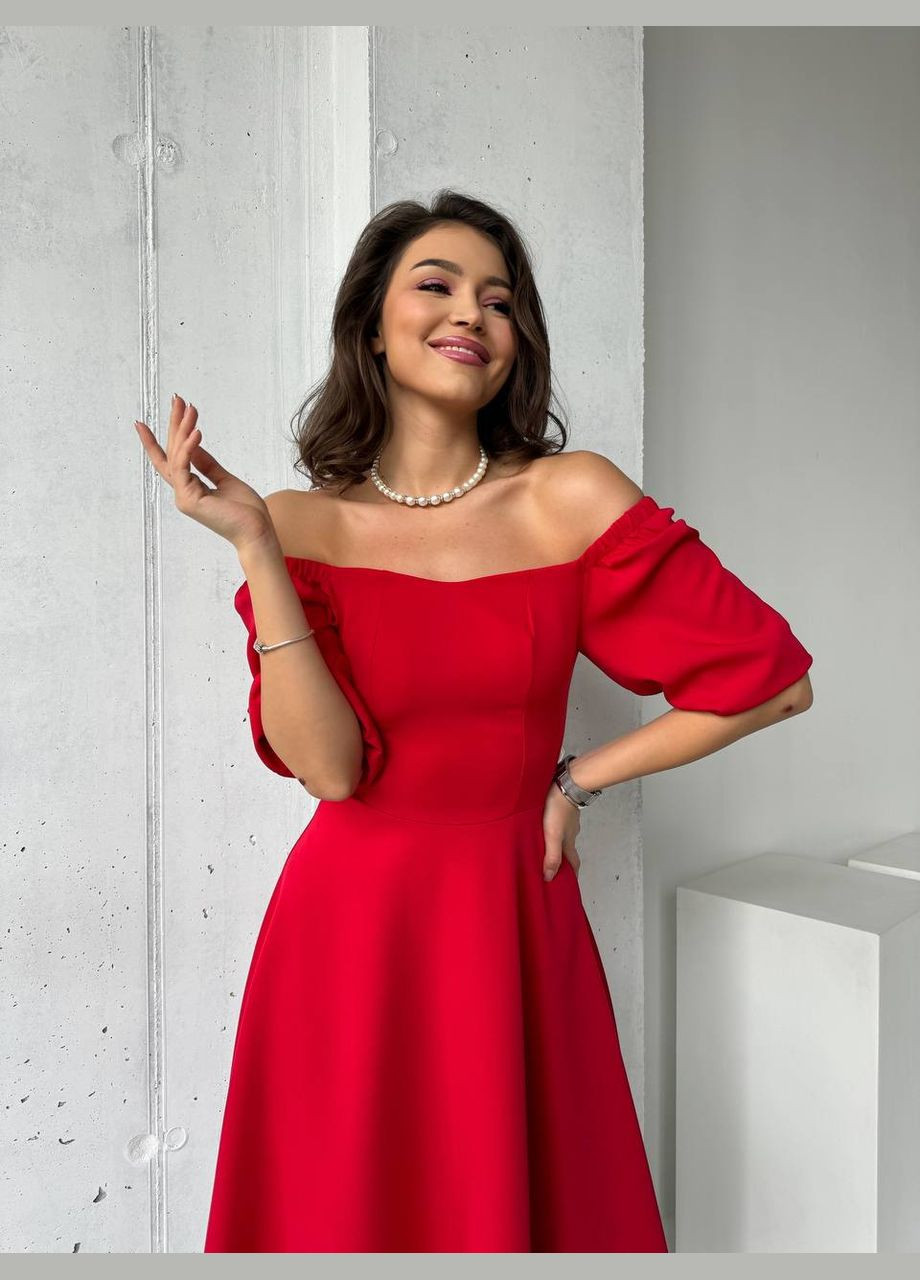 Червона повсякденний жіноча сукня міді з відкритими плечима з відкритими плечима Avanti однотонна