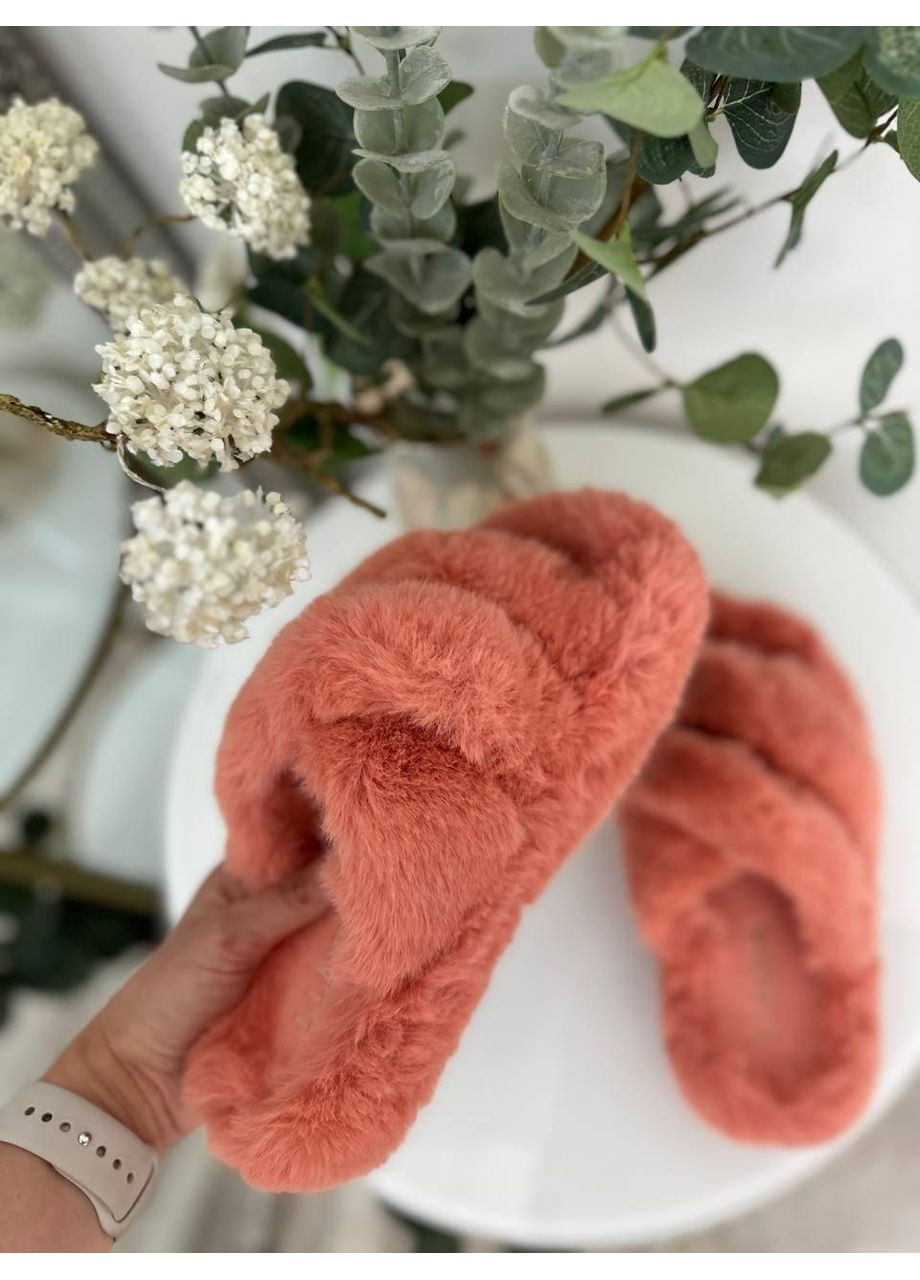 Персиковые женские тапочки меховые персиковые / женские пушистые тапки персикового цвета / женские теплые домашние тапочки персиковые No Brand