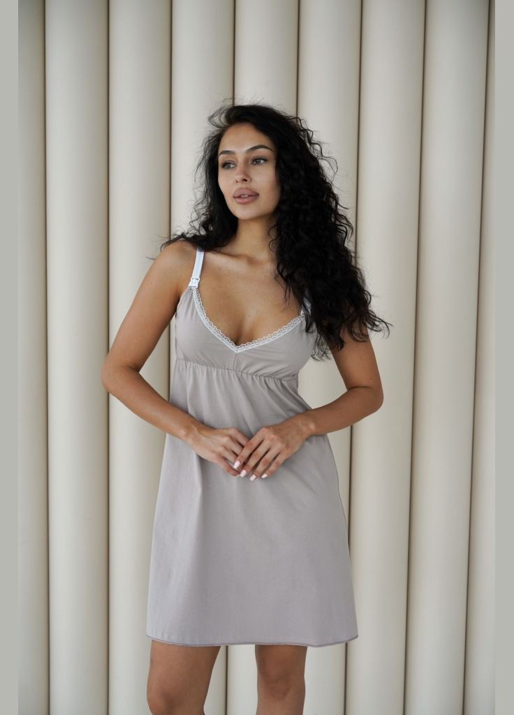 Хлопковая ночная рубашка для беременных и кормящих на бретелях цвет капучино Мамин Дім (300625600)