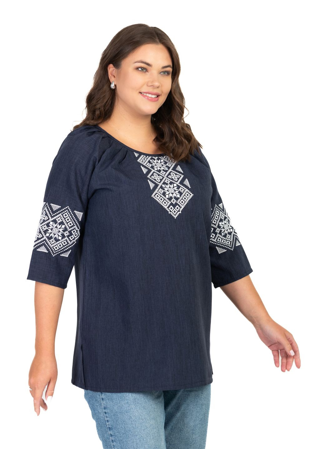 Темно-синя жіноча блуза з вишивкою любава рукав 3/4 (темно-синій) Golfstream вільна поліестер, льон (335418488)