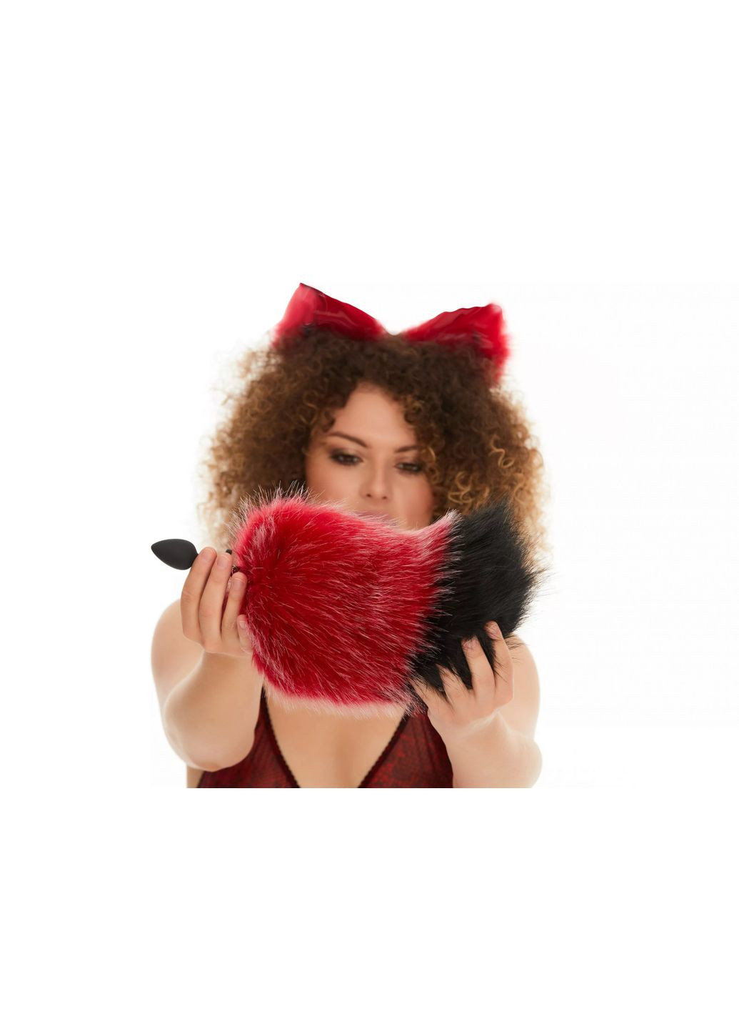 Анальный меховой хвост без пробки, Темно-красный с черным кончиком, OKOVA (315149230)