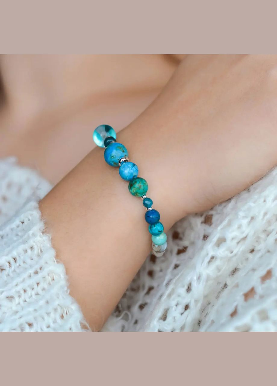 Браслет натуральна Хризоколла, Апатит, Циркон, Опаліт, фур-ра гіп-ний сплав колір срібло d-10-2мм+- L-18-23см No Brand браслет (302810325)