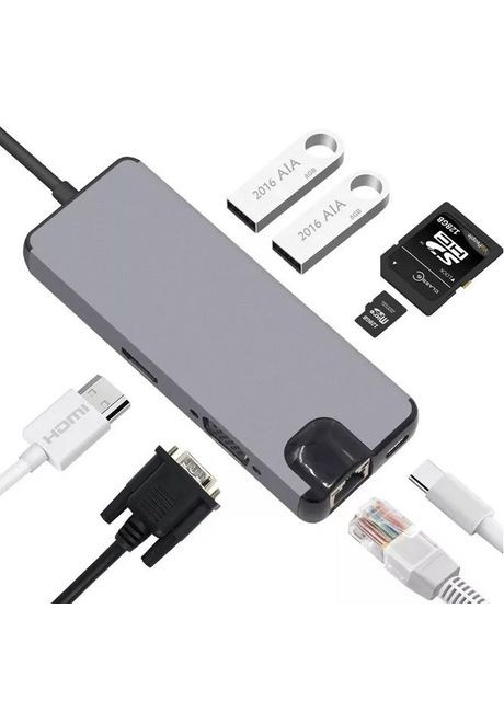 Мультипорт USB Хаб USB Type C HDMI M/F (папа/мама) +VGA +PD87W 2xUSB3.0 +RJ45 +Card Lucom (370888149)