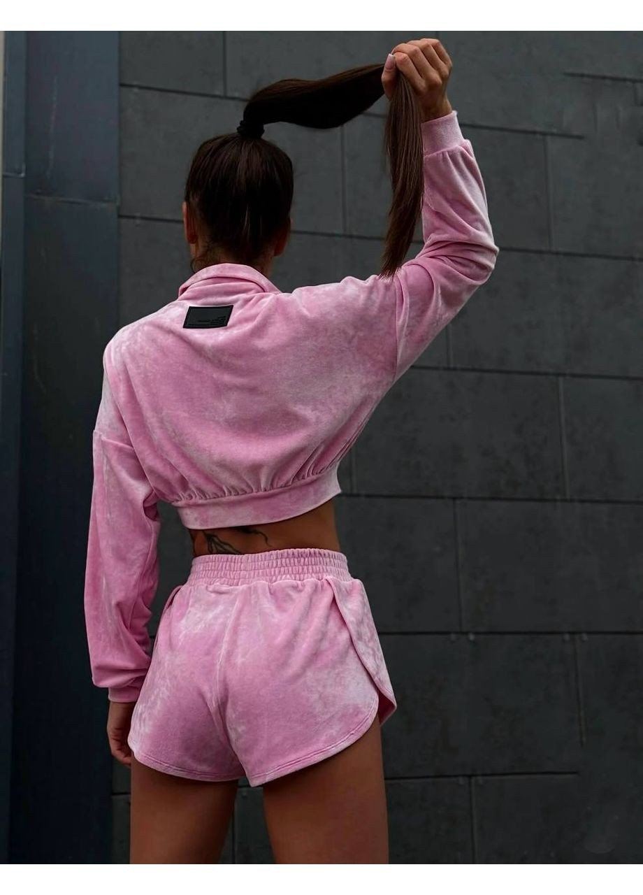 Жіночий велюровий костюм з укороченою кофтою та шортами Україна (356676707)