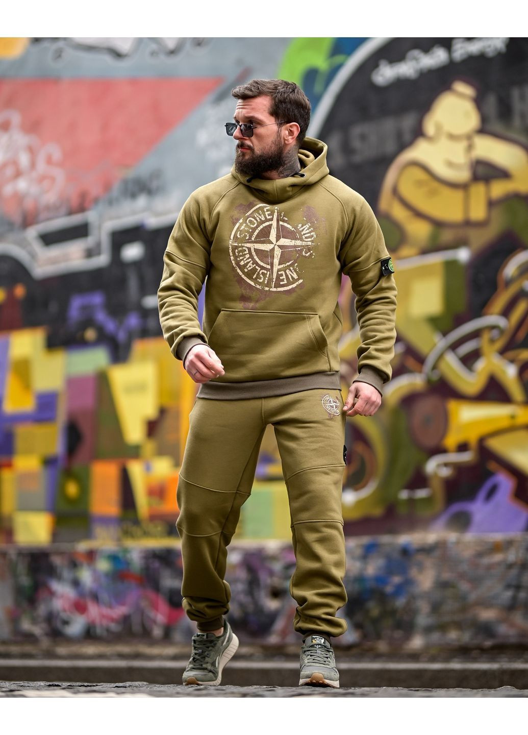 Стильний чоловічий спортивний костюм на флісі Stone Island хакі осінь/зима No Brand (372156511)