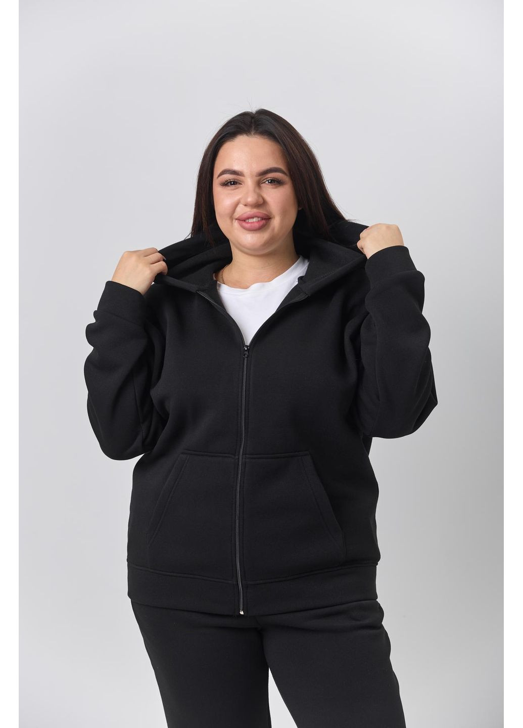 Женский теплый спортивный костюм Большого размера на молнии из тринитки на флисе, черный No Brand (365830129)