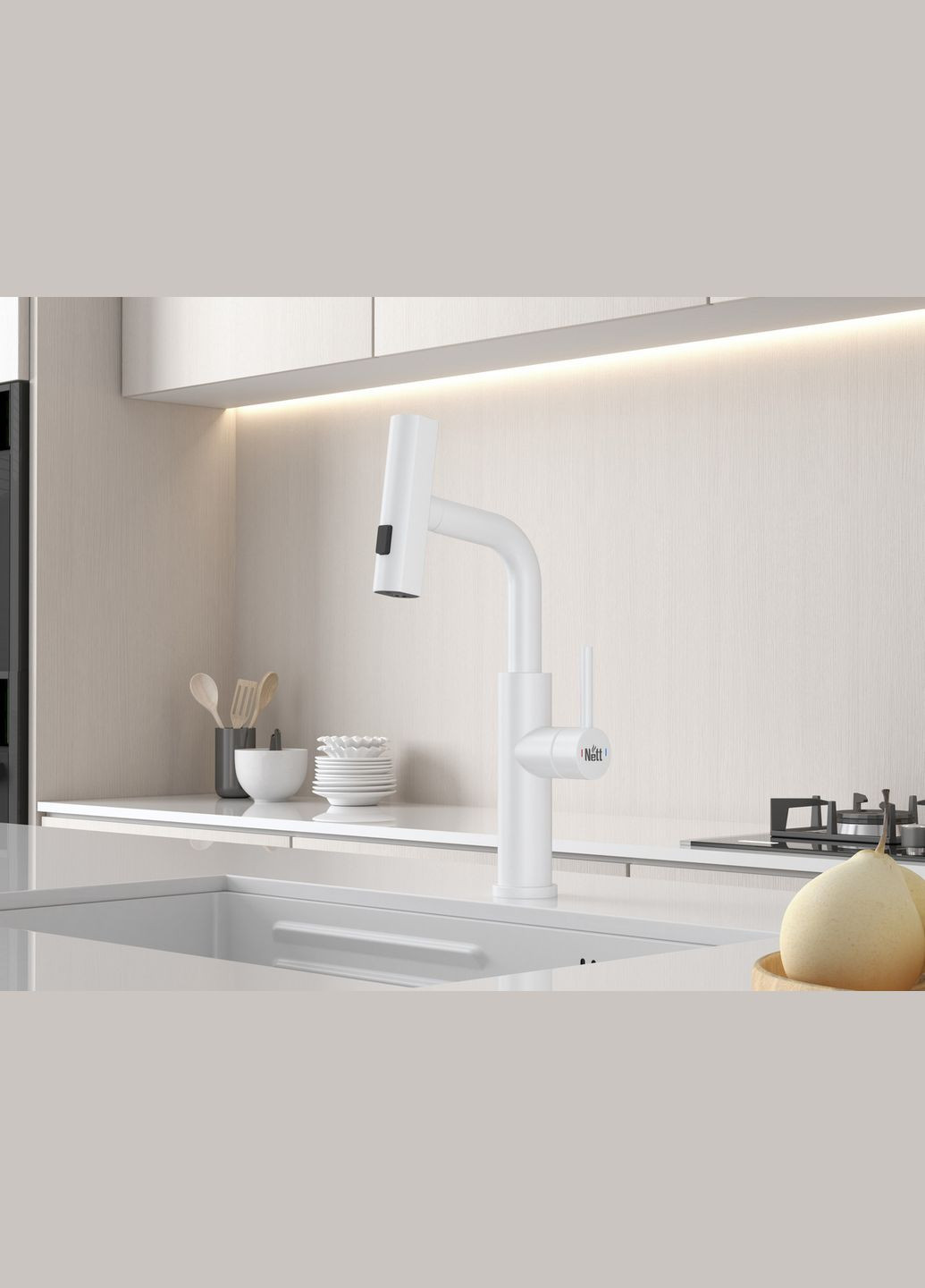 Змішувач на кухню водоспад з висувною лійкою білий LW-35 Nett (337718082)