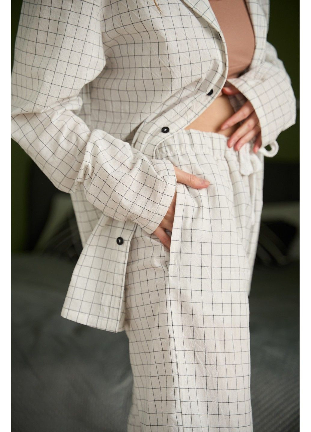 Молочная пижама женская в клеточку вареный хлопок homely молочная рубашка + брюки Handy Wear