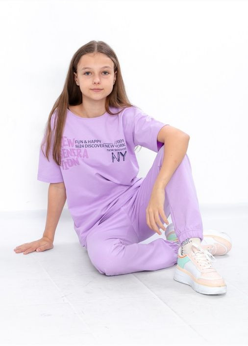 Фіолетовий літній комплект для дівчинки підлітковий (футболка+штани) брючний Носи своє