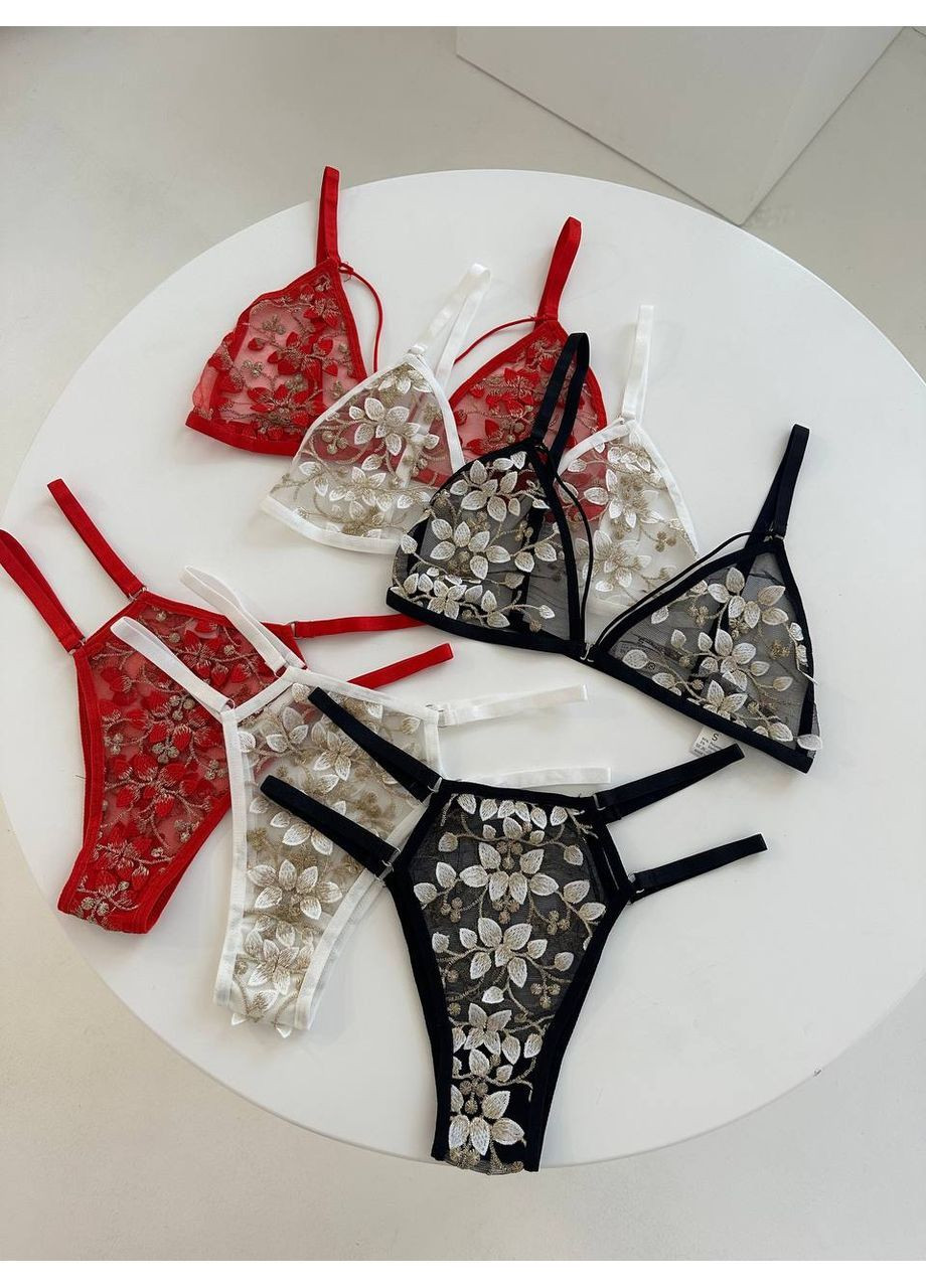 Червоний демісезонний комплект білизни у сіточку трусики бразильяни набір з квітками No Brand Білизна жіноча