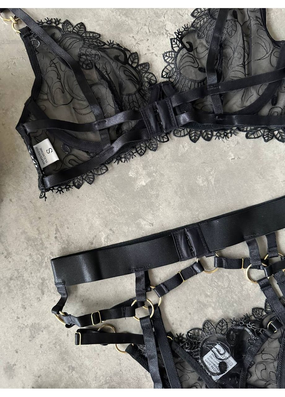 Чёрный балконет комплект белья "desire set" | чашка с косточкой, чокер и гартеры в комплекте, черный Vital-Textile с косточками полиэстер, эластан