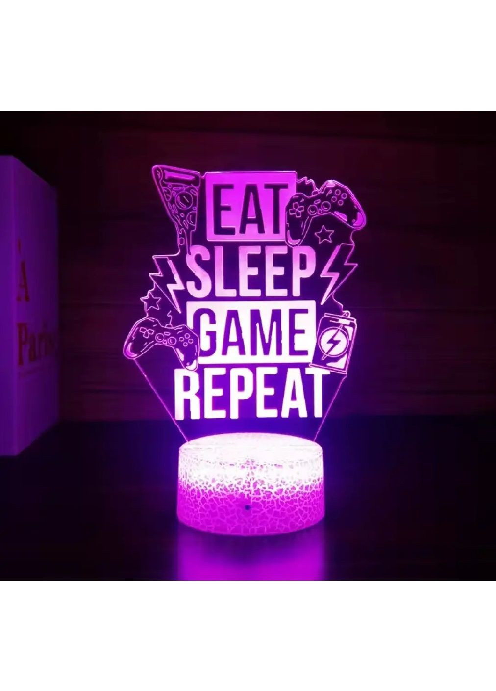 Настільний 3D LED нічник з написом пультом живленням від USB 16 кольорів світіння (480832-Prob) Eat Sleep Game Repeat Unbranded (345559553)