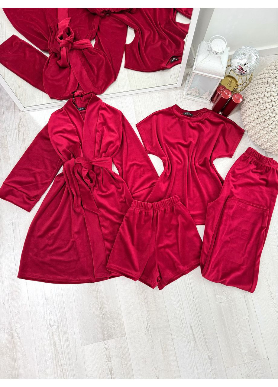 Червоний рокомплект жіночий четвірка халат футболка шорти штани evelyn collection 2xl-3xl червоний No Brand