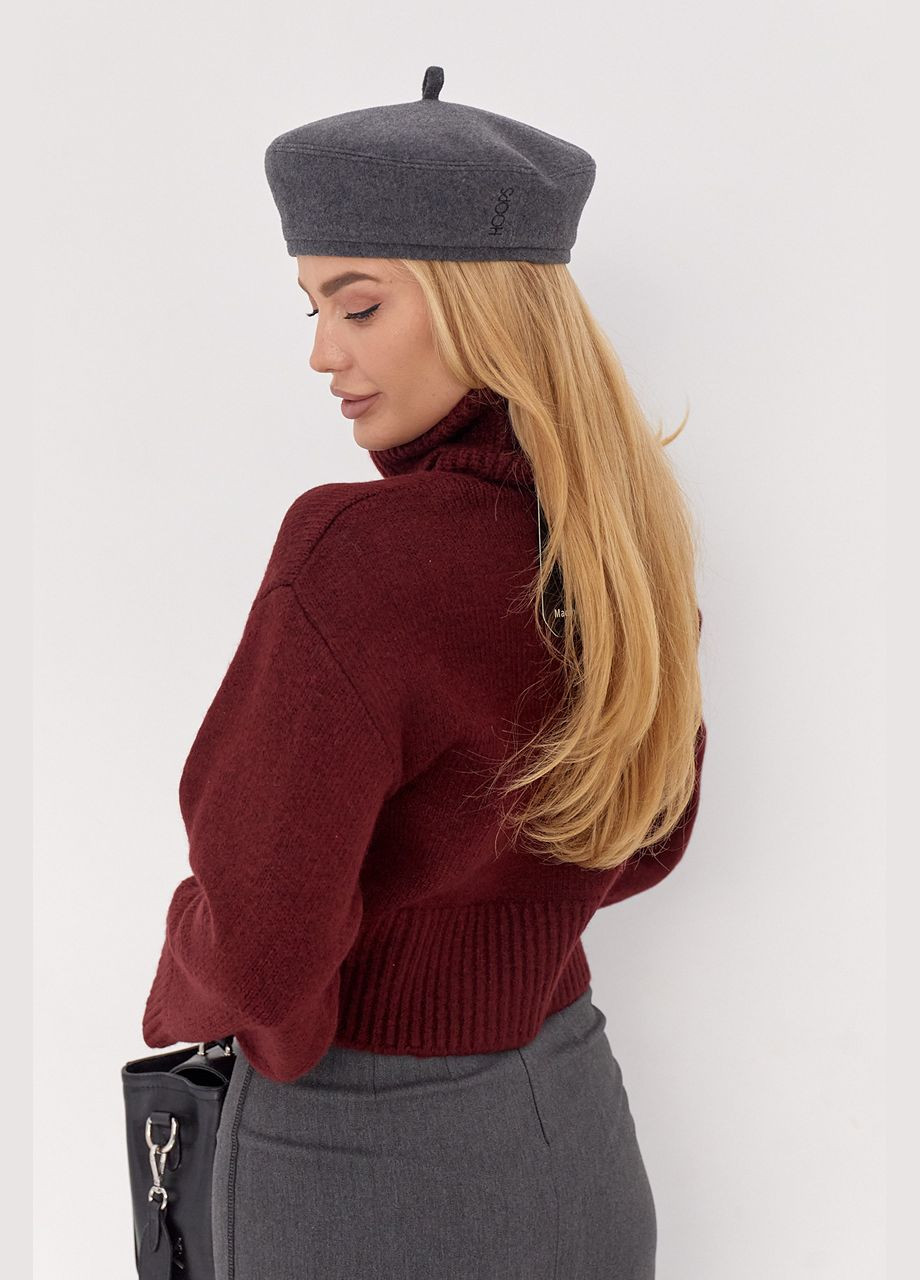 Бордовий короткий трикотажний светр з високою горловиною Lurex