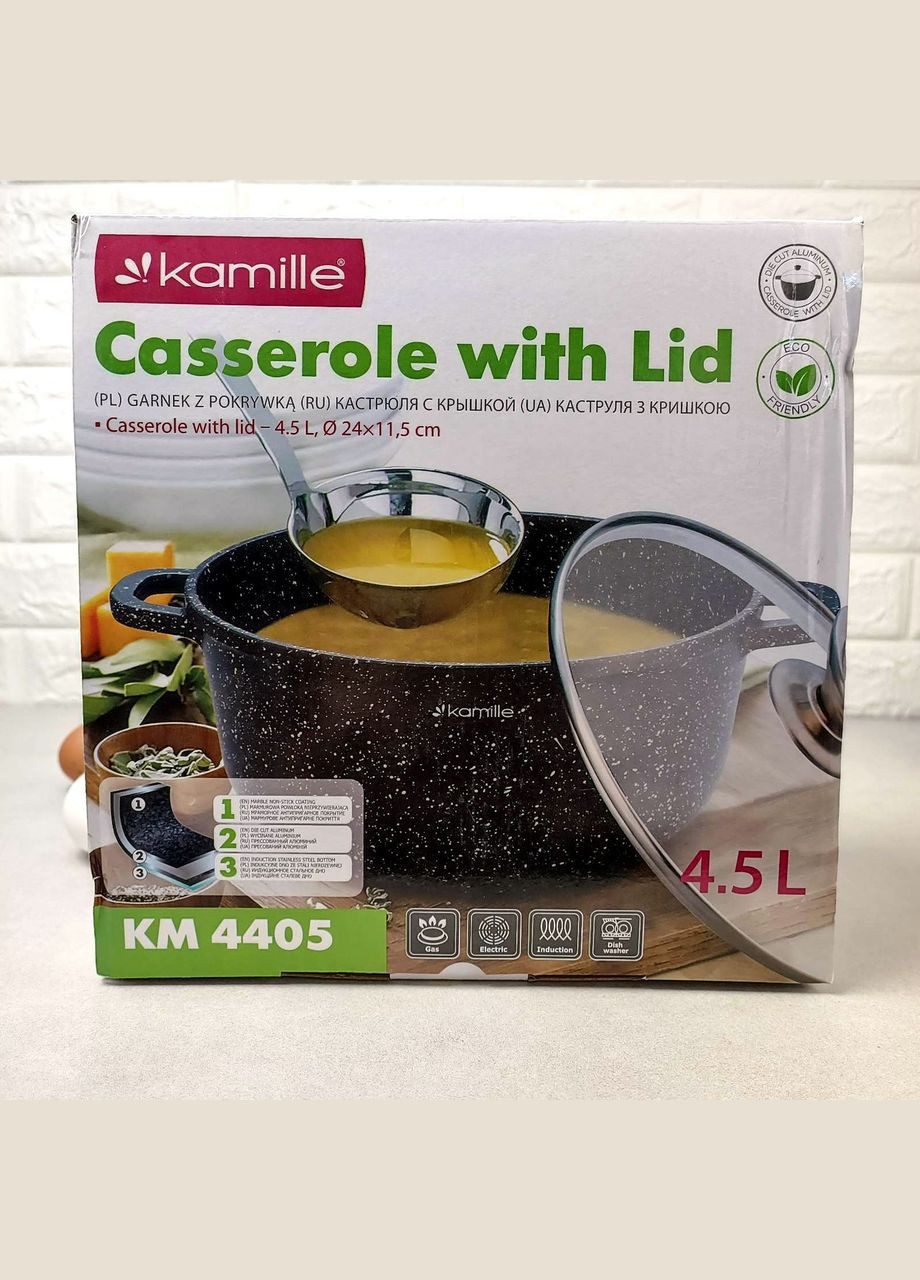 Чёрная чудо-кастрюля с антипригарным гранитным покрытием 4.5 л для всех типов плит Kamille (314503956)