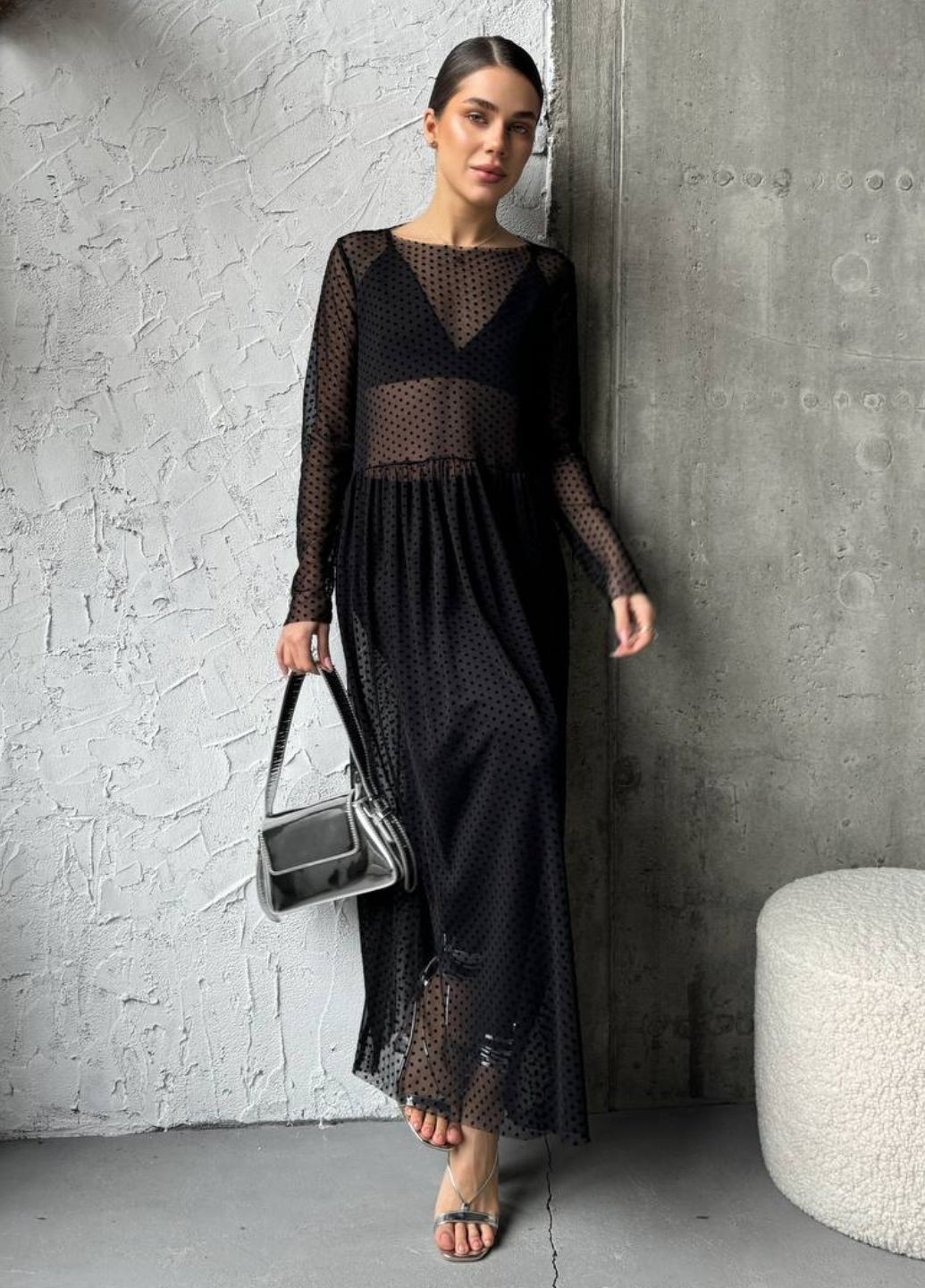 Черное повседневный прозрачное платье меди с длинным рукавом Україна