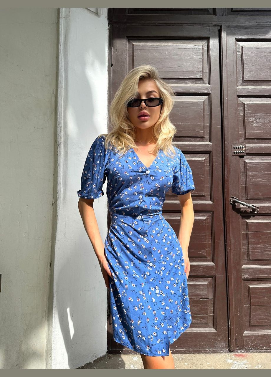 Синя дуже легка літня сукня в квітковому принті з натуральної тканини, повсякденна синя сукня з коротким рукавом No Brand з квітковим принтом