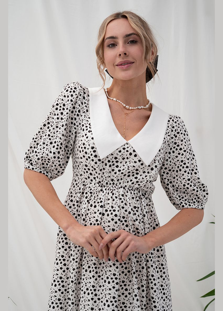 Молочна сукня для вагітних і годуючих з комірцем молочна з чорними квітками Юла мама