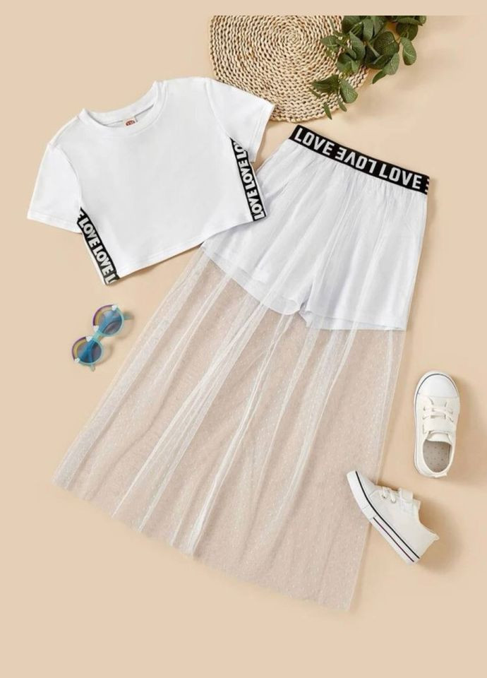 Костюм жіночий топ та шорти-спідниця з сіткою та написами No Brand (303701059)