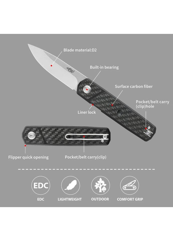 Складной нож FH927-CF – сталь D2, рукоять черная карбон Ganzo (363132487)