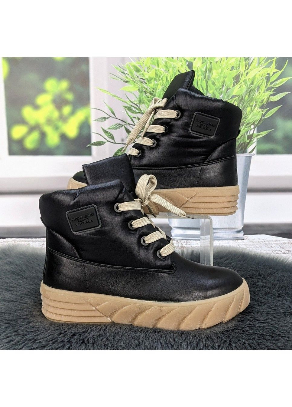 Черевики зимові шкіряні для дівчинки чорні з бежевим на шнурках Мальви (345064245)