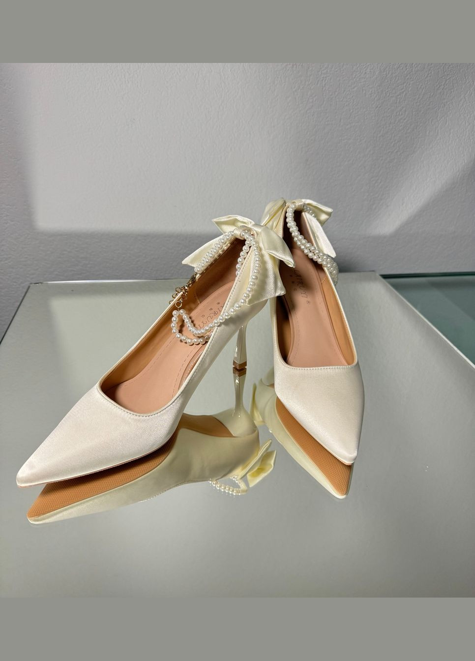 No Brand Весільні жіночі туфлі для нареченої з бантами на п'ятці + ремінець перли 8 см - Білий колір білий з текстиль, — літо (322414644)