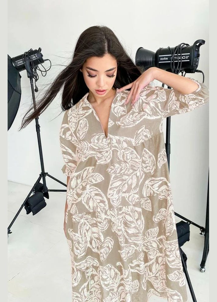 Кофейное повседневный, кэжуал платье с пышной юбкой Seventeen с цветочным принтом