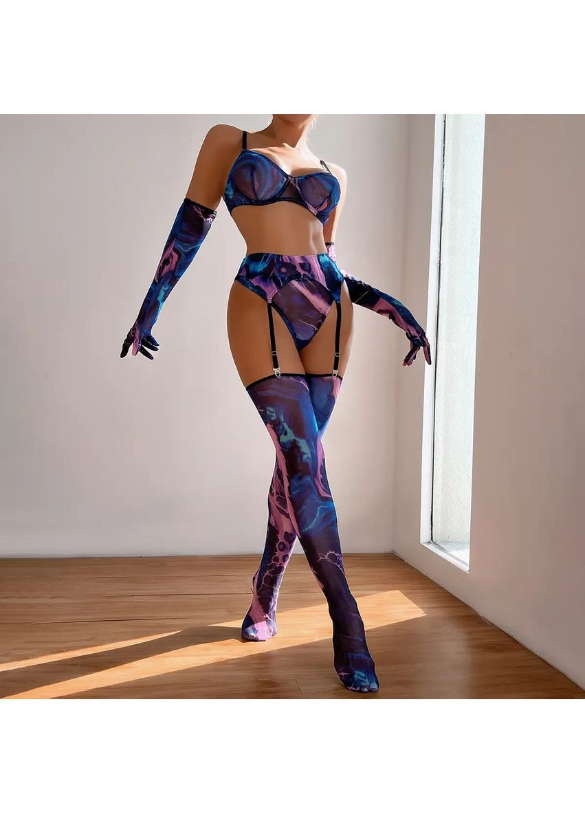 Синій демісезонний мереживний комплект із поясом, панчохами та рукавичками. мереживна спідня білизна. синя жіноча білизна No Brand