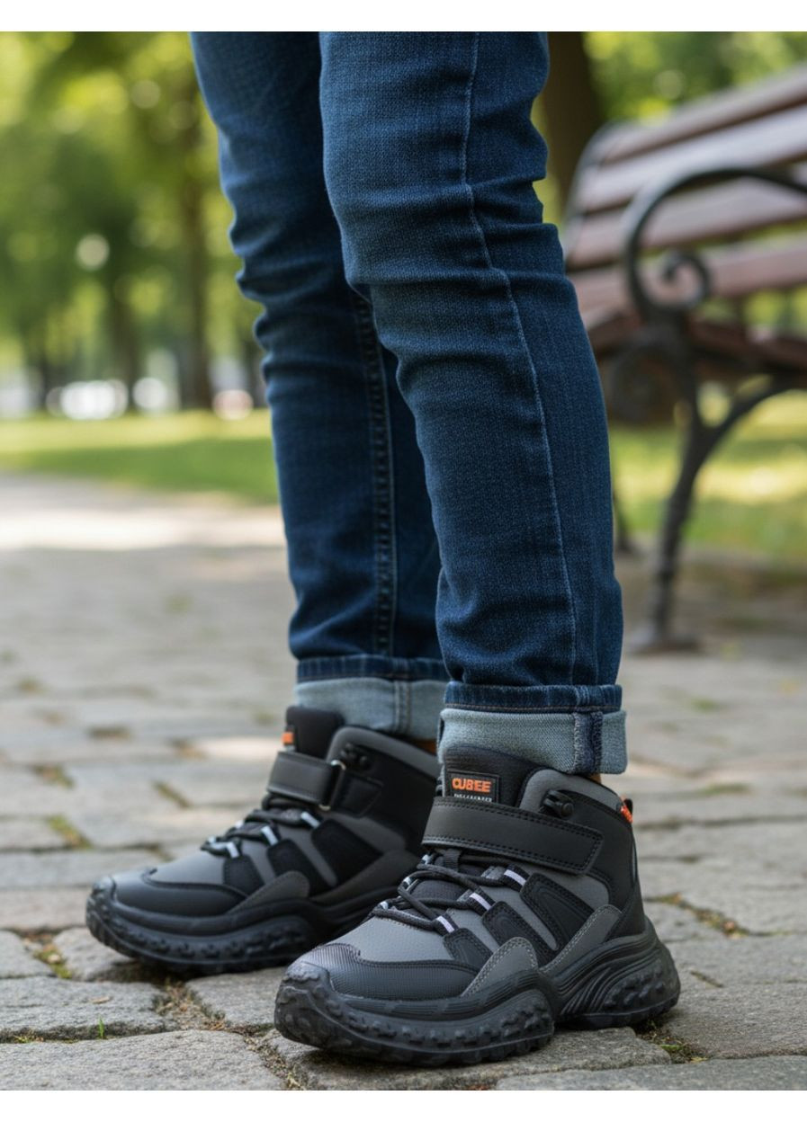 Темно-серые спортивные, повседневные, кэжуал осенние утепленные демисезонные ботинки, демисезонные хайтопы, утепленные хайтопы на флисе для мальчика клиби Clibee