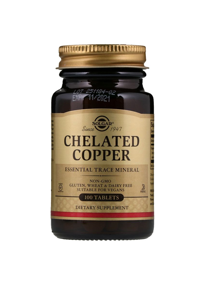 Хелатная Медь, Chelated Copper,, 100 таблеток Solgar (326055239)