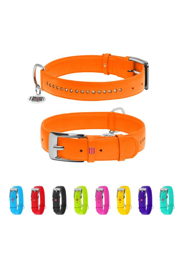 Ошейник для собак кожаный Glamour с QR паспортом, двойной со стразами, M, Ш 20 мм, Длин 30-39 см оранжевый WAUDOG (322002488)