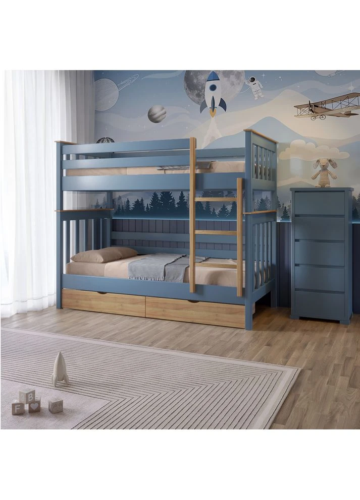 Двухъярусная детская кровать Скандинавия Мини Серо-синий (S7010R90B)/Орех светлый 90х190 см с ящиками (MBG-16438) Mebigrand (401109537)
