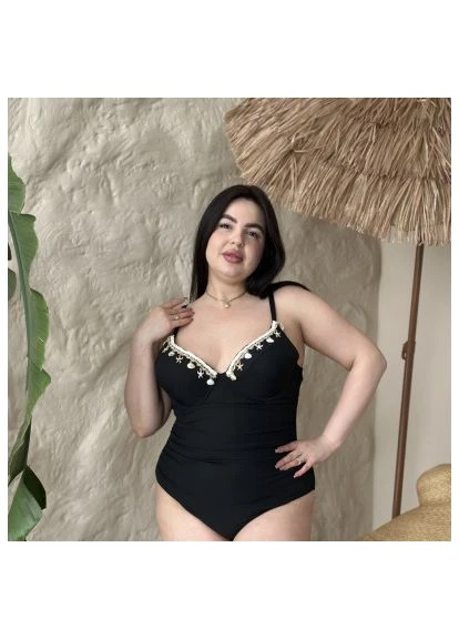 Чорний літній жіночий суцільний купальник plus size з утяжкою та декоративними мушлями на бюсті / чорний суцільний жіночий купальник No Brand