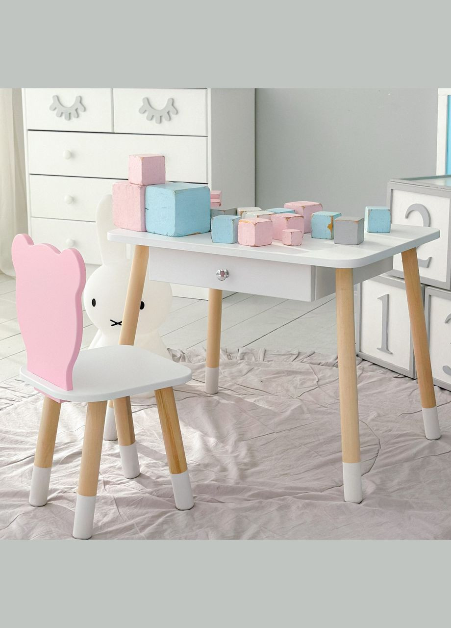 Дитячий столик білий і стільчик ведмедик рожево-білий. Столик із шухлядою для олівців і розмальовок 21441 No Brand (361259078)