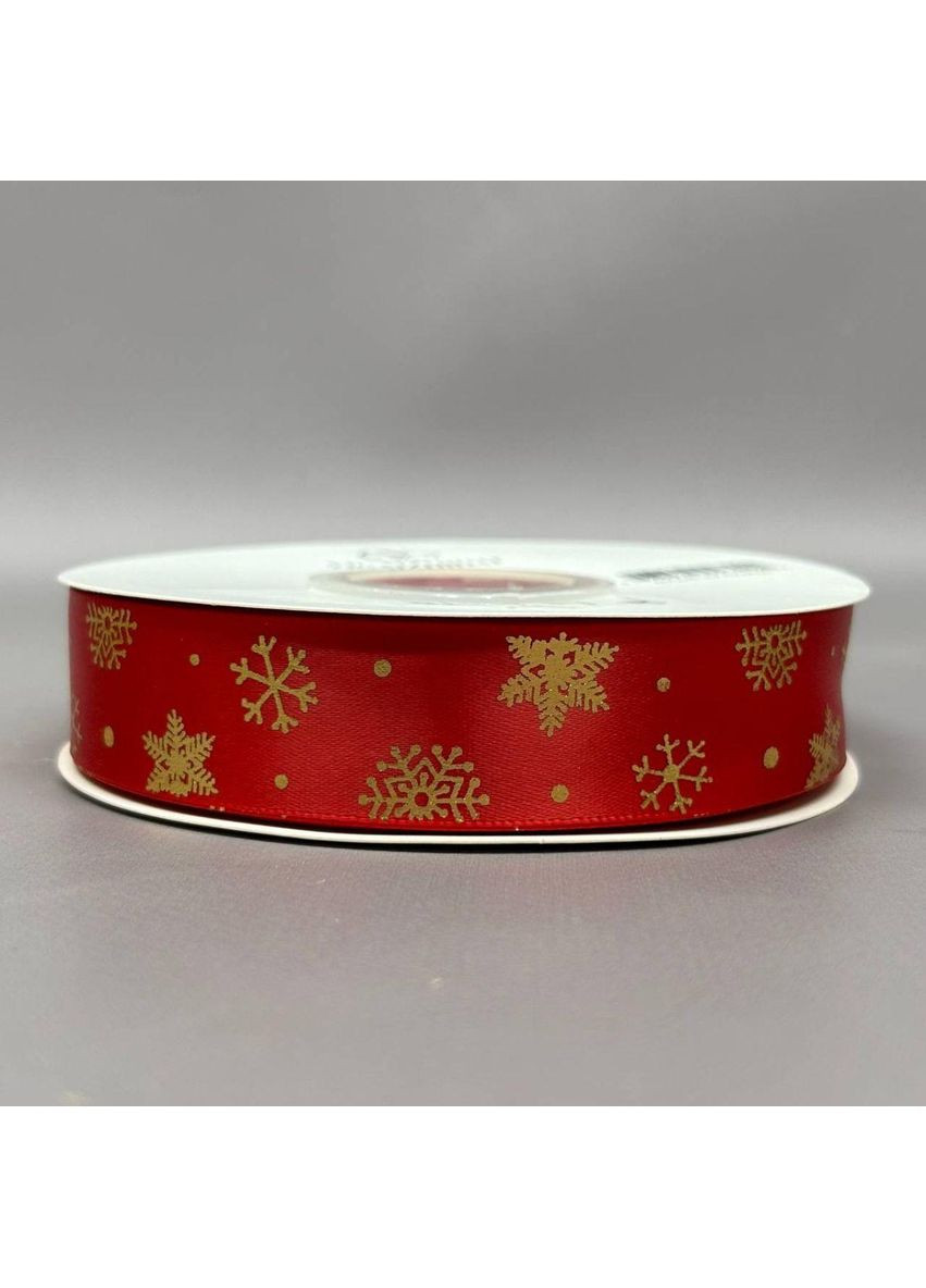 Стрічка атласна 2,5см із новорічним малюнком - червона сніжинка із золотом Plus-plus (352751796)